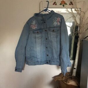 Woman Within Light Blue Jean Jacket with Floral Embroidery